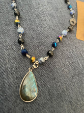 Load image into Gallery viewer, Labradorite, blue agate and obsidian crystal and hamsa beaded necklace