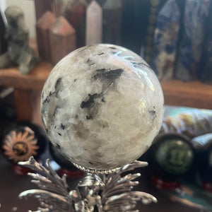 Rainbow moonstone sphere and fairy stand