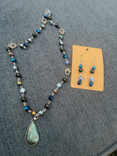 Load image into Gallery viewer, Labradorite, blue agate and obsidian crystal and hamsa beaded necklace