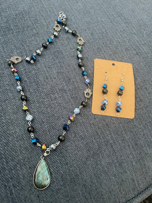 Labradorite, blue agate and obsidian crystal and hamsa beaded necklace