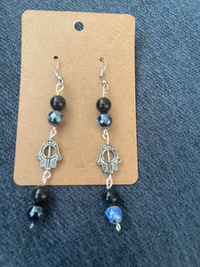 Obsidian and blue agate with Hamsa necklace and earrings set