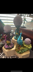 Peacock sphere stand and Amethyst sphere