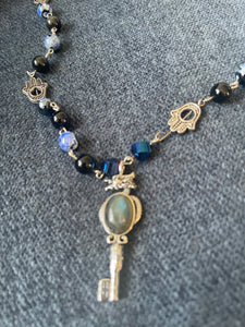 Obsidian and blue agate with Hamsa necklace and earrings set