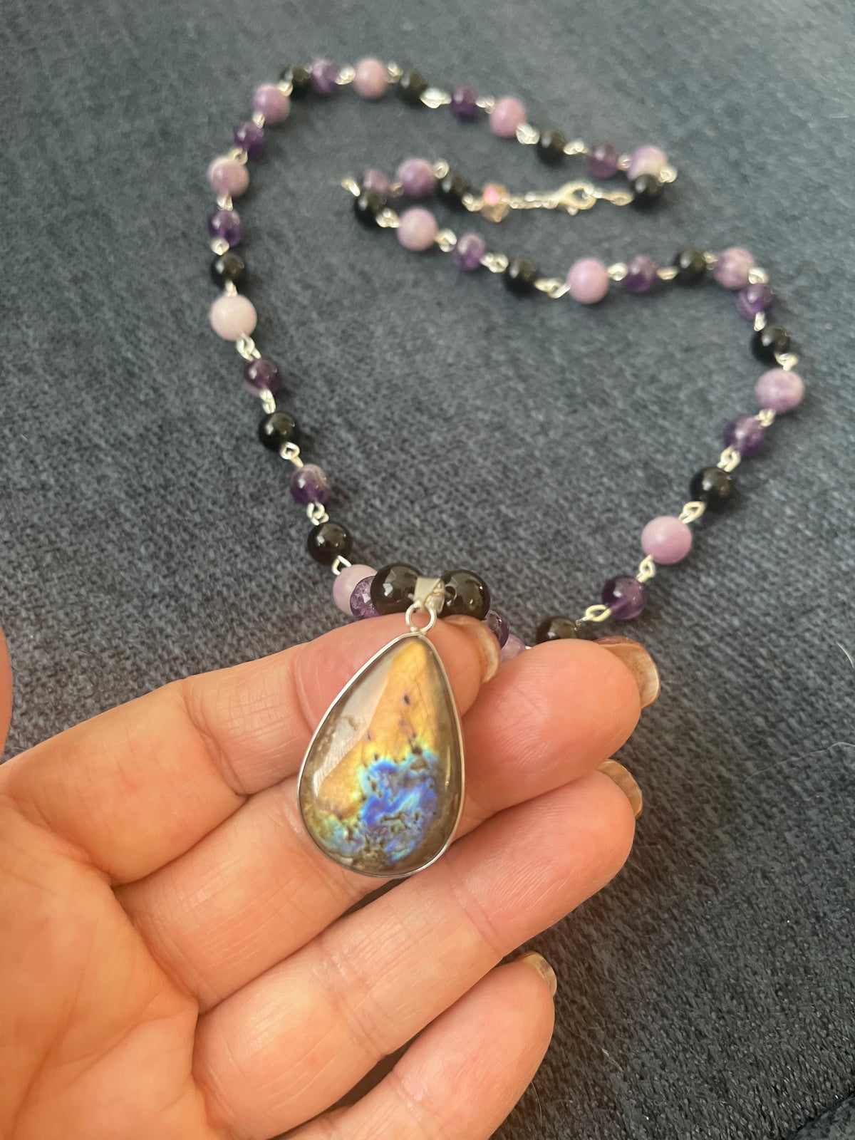 Obsidian, amethyst, lepediolite crystal beaded necklace with Labrador pendant and earring set