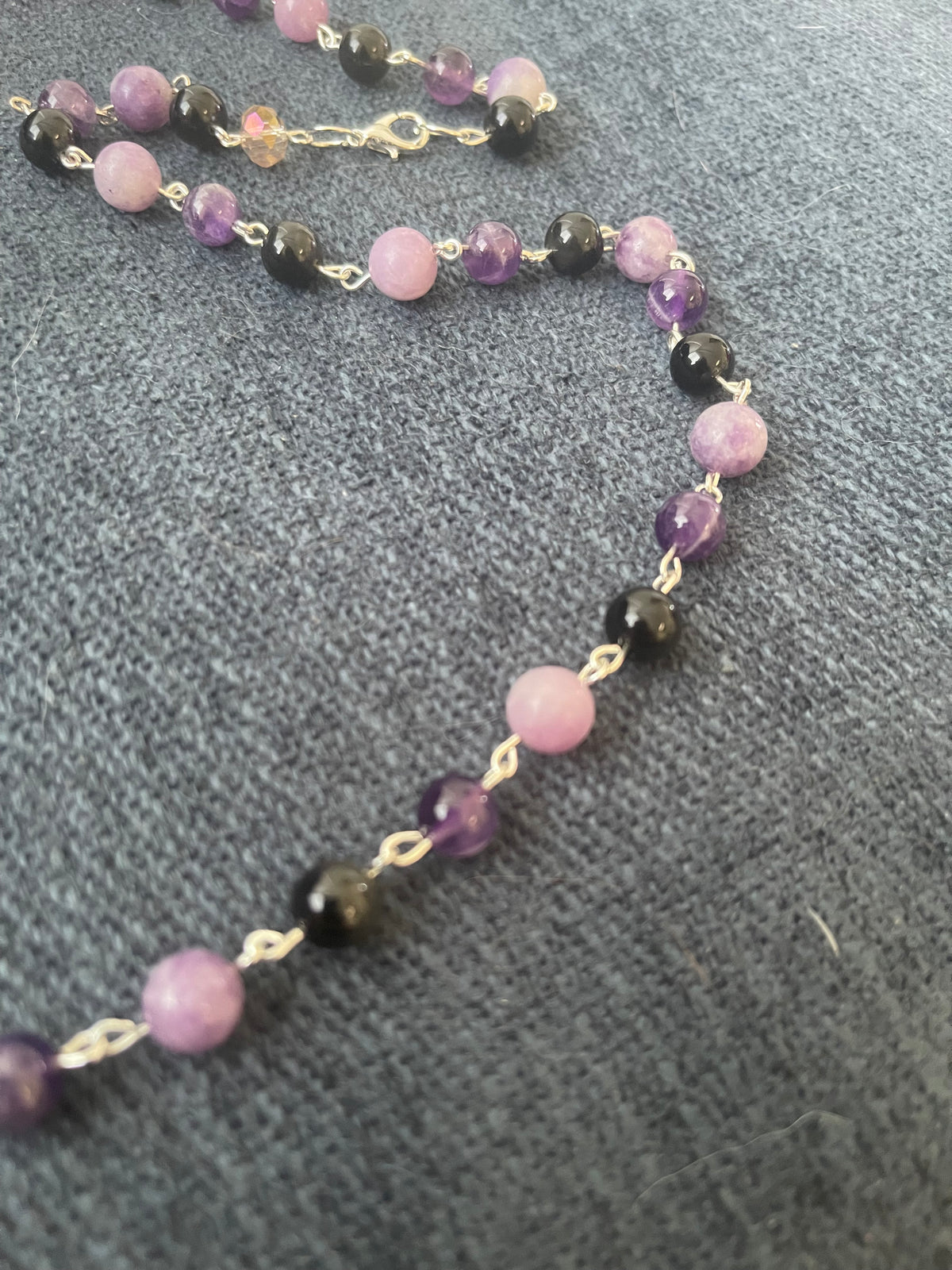 Obsidian, amethyst, lepediolite crystal beaded necklace with Labrador pendant and earring set