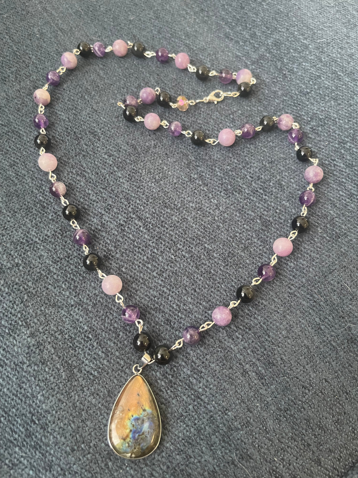 Obsidian, amethyst, lepediolite crystal beaded necklace with Labrador pendant and earring set
