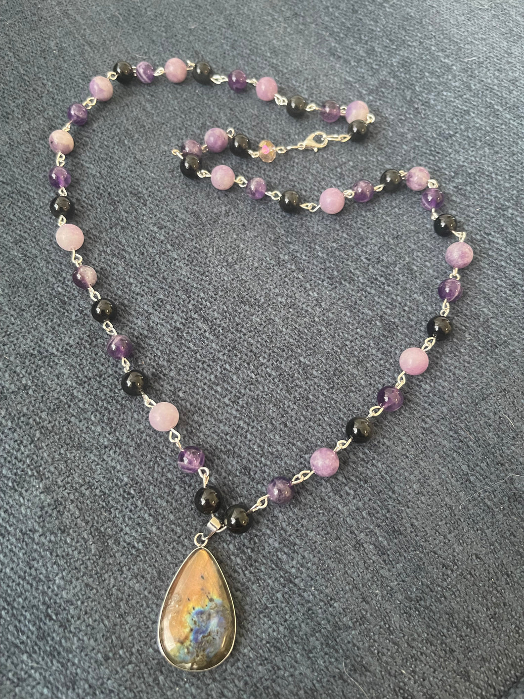 Obsidian, amethyst, lepediolite crystal beaded necklace with Labrador pendant and earring set