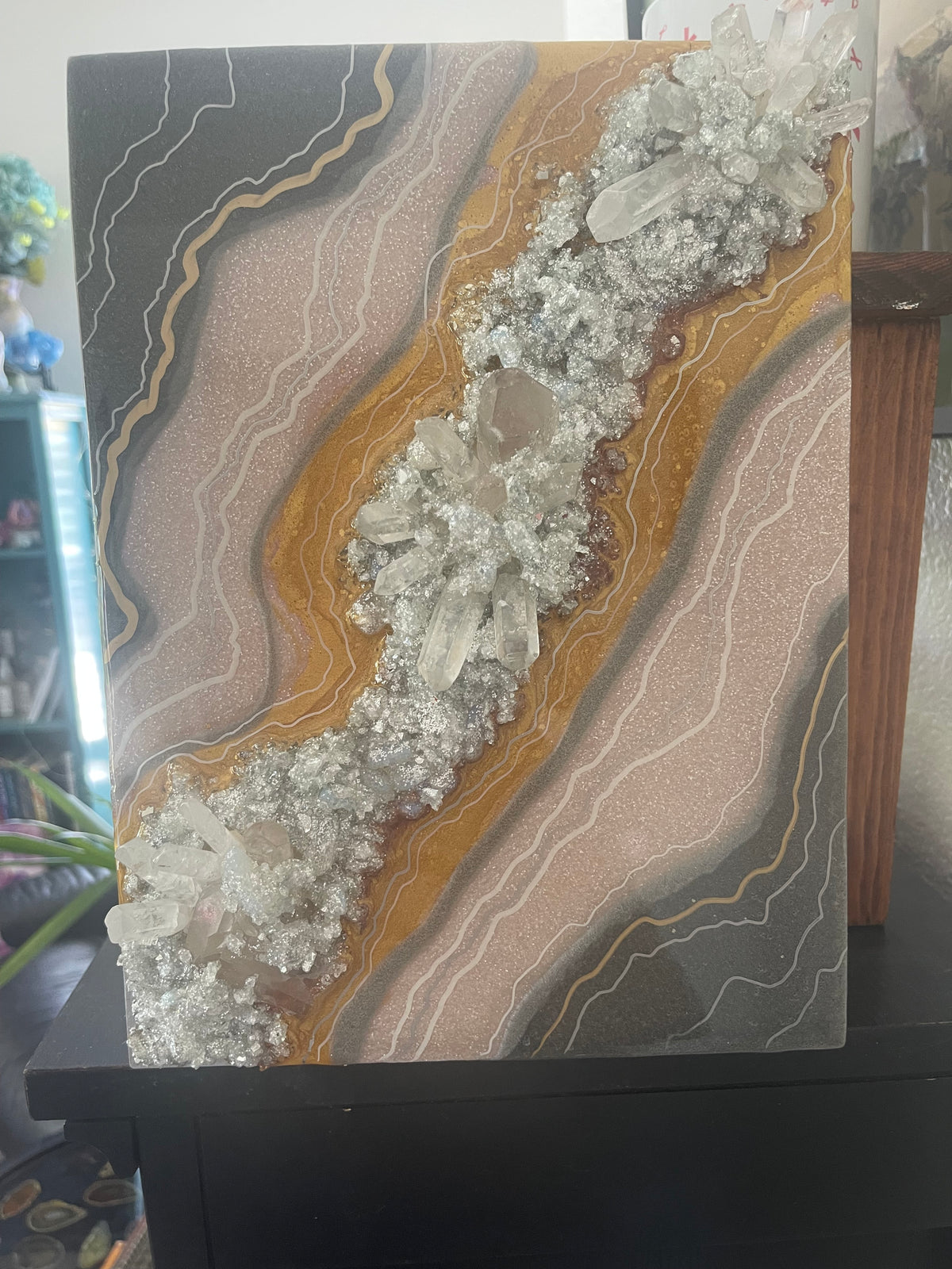 Clear quartz crystal resin geode painting