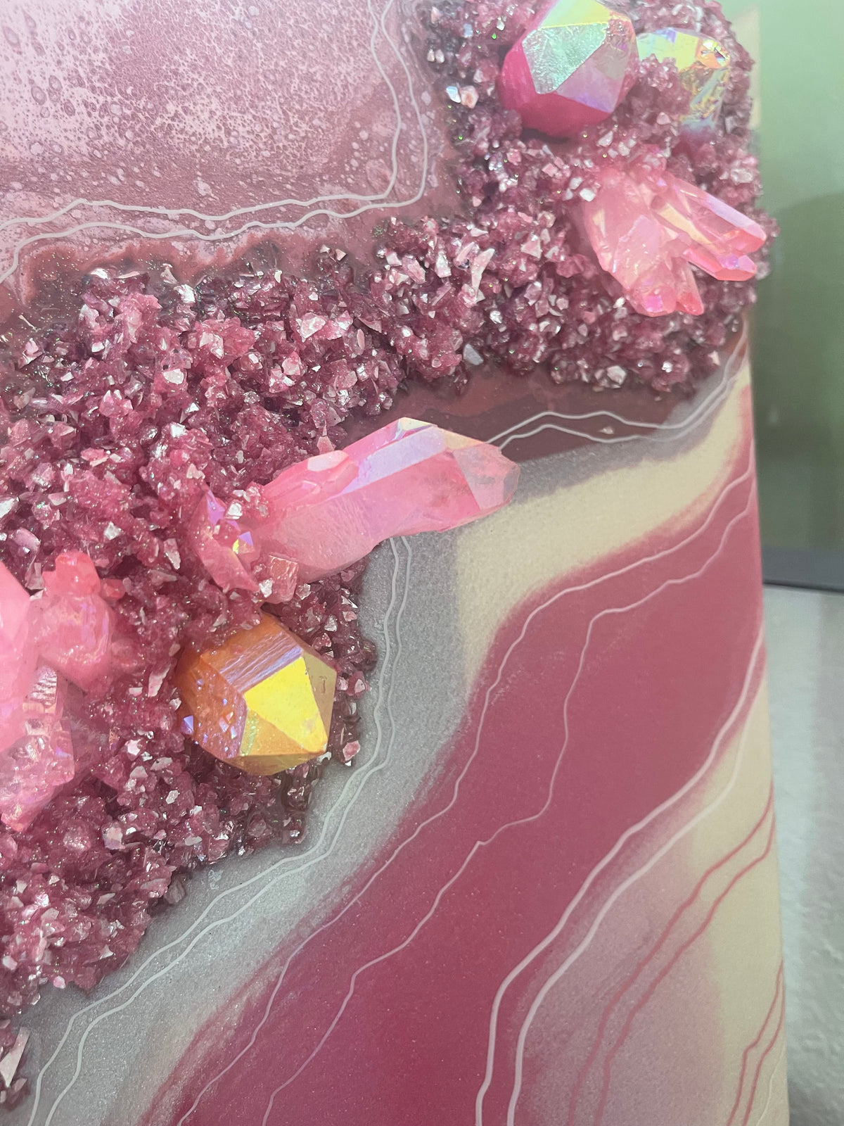 Pink Aura Quartz Crystal resin geode Painting