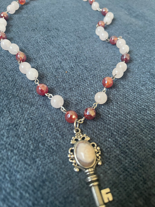 Rose quartz and fire agate beaded necklace and earrings set
