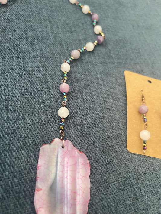 Rose quartz, lepediolite and Pink agate necklace and earrings