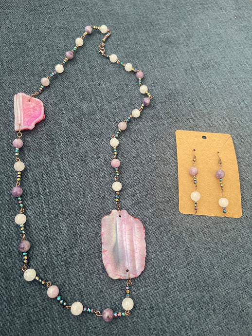 Rose quartz, lepediolite and Pink agate necklace and earrings