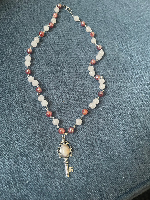 Rose quartz and fire agate beaded necklace and earrings set