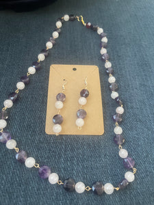 Amethyst and rose quartz necklace and earrings set