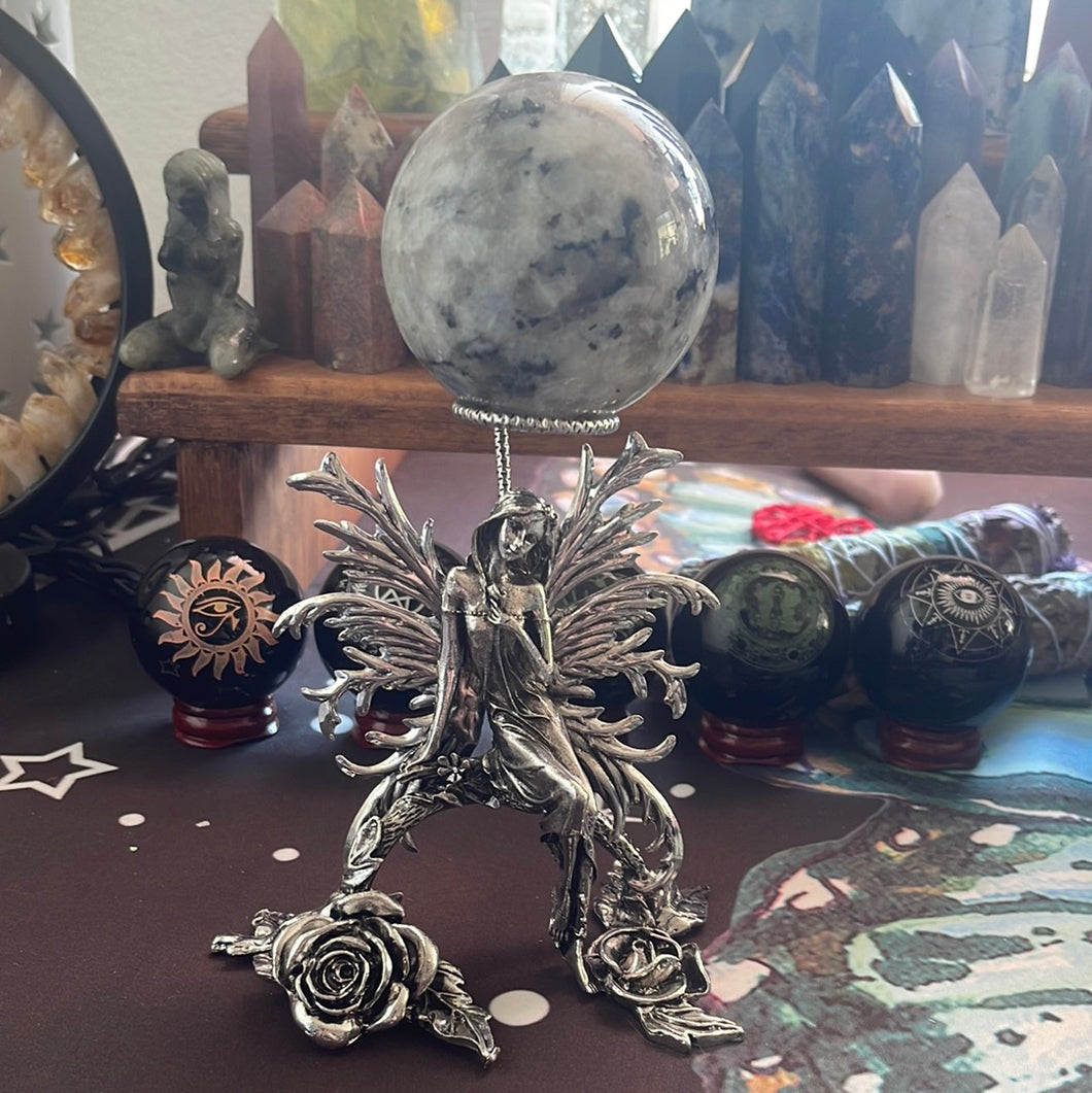 Rainbow moonstone sphere and fairy stand