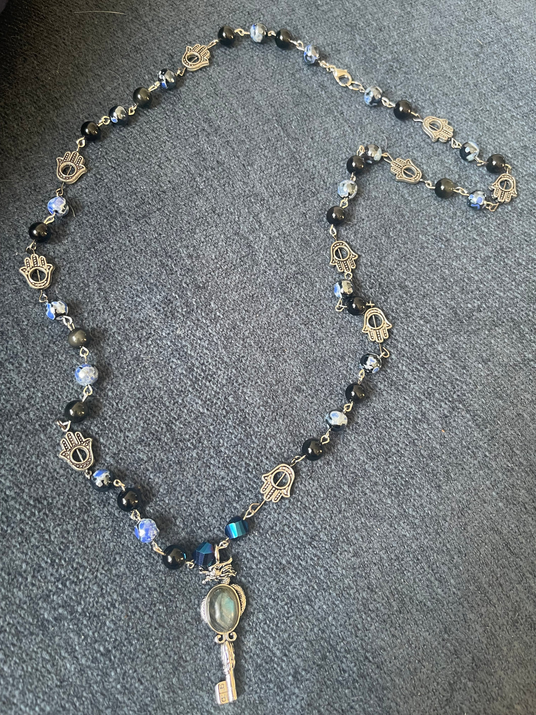 Obsidian and blue agate with Hamsa necklace and earrings set