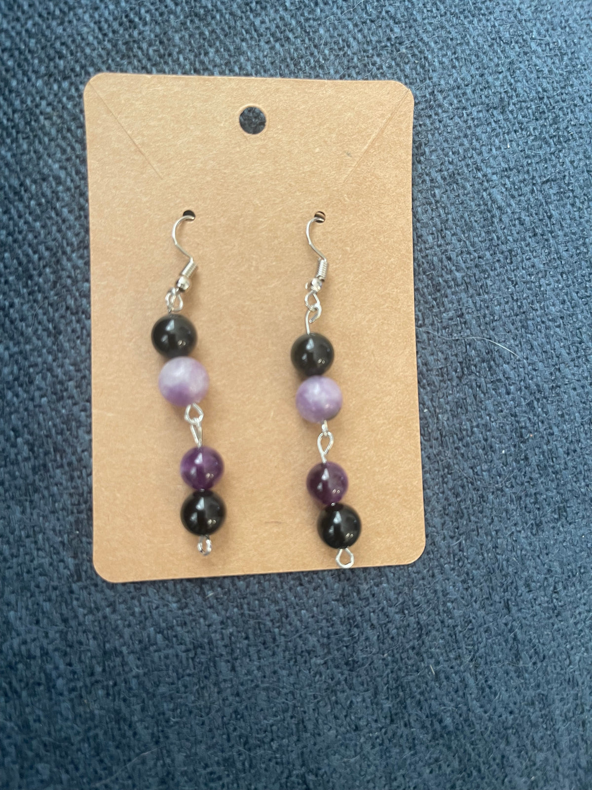 Obsidian, amethyst, lepediolite crystal beaded necklace with Labrador pendant and earring set