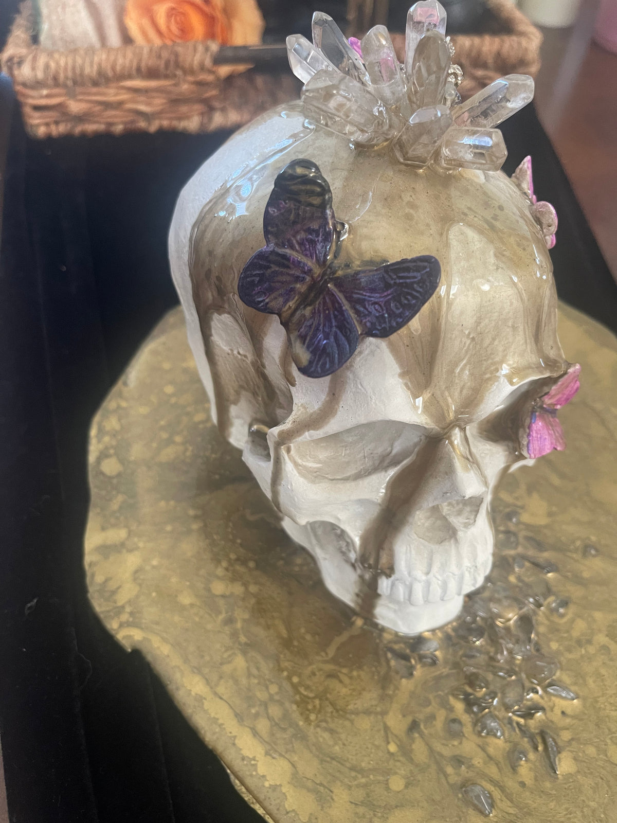 Resin skull decor with butterflies