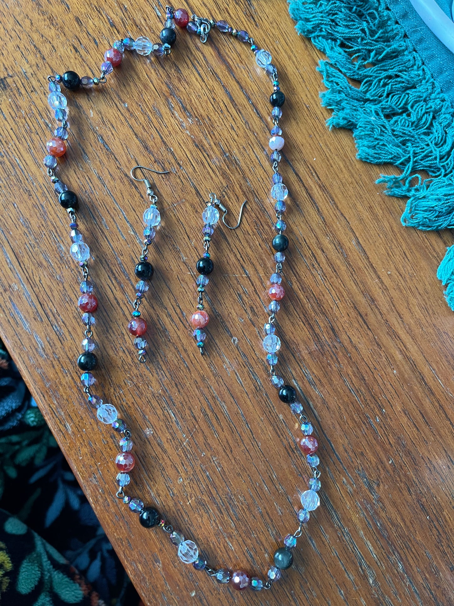 Obsidian and sparkly bead necklace and earring set