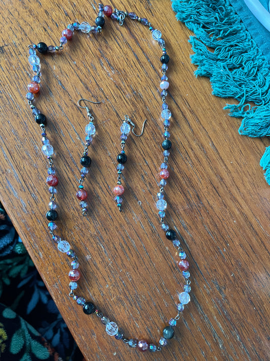 Obsidian and sparkly bead necklace and earring set