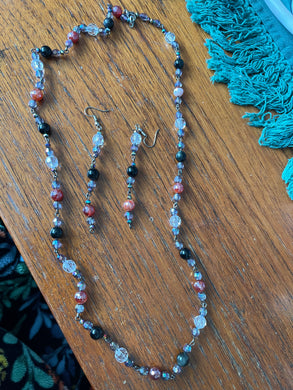 Obsidian and sparkly bead necklace and earring set