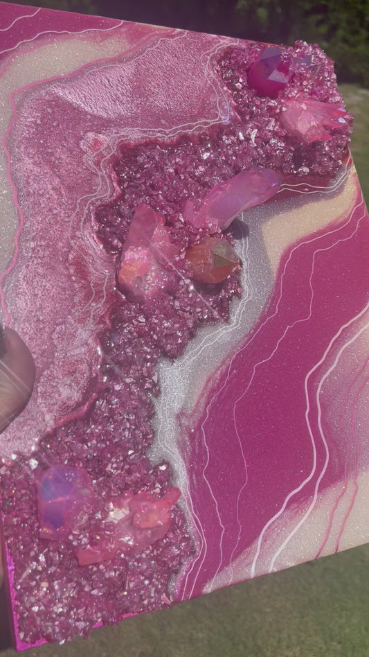 Pink Aura Quartz Crystal resin geode Painting