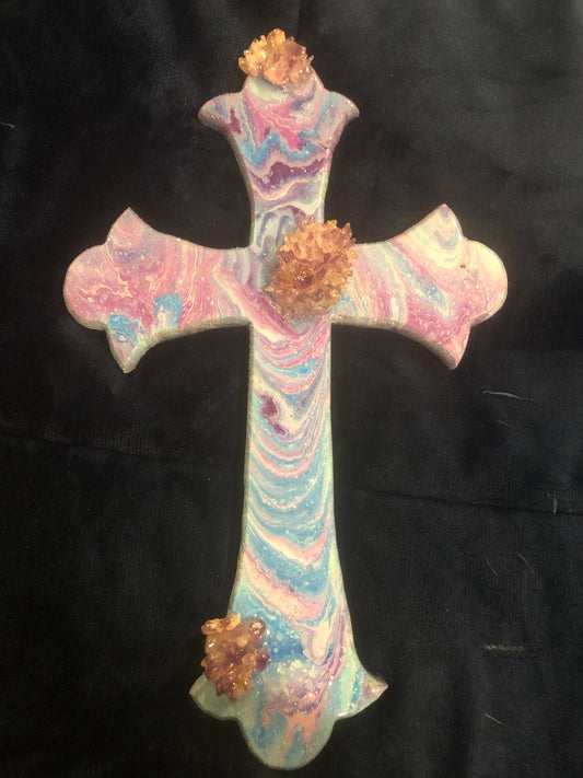 Amethyst flower resin Wood Cross