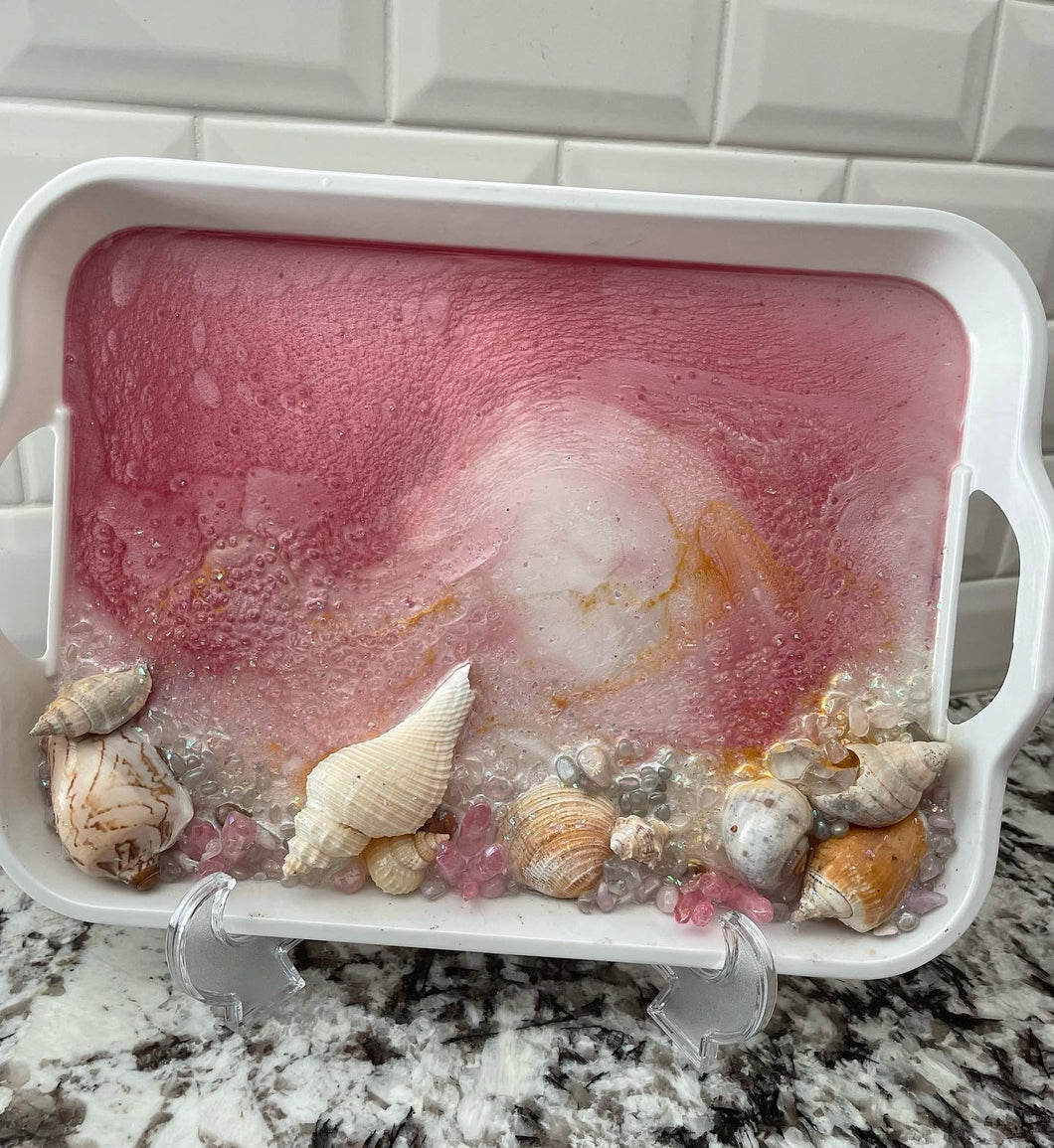 Pink crystal and shell tray