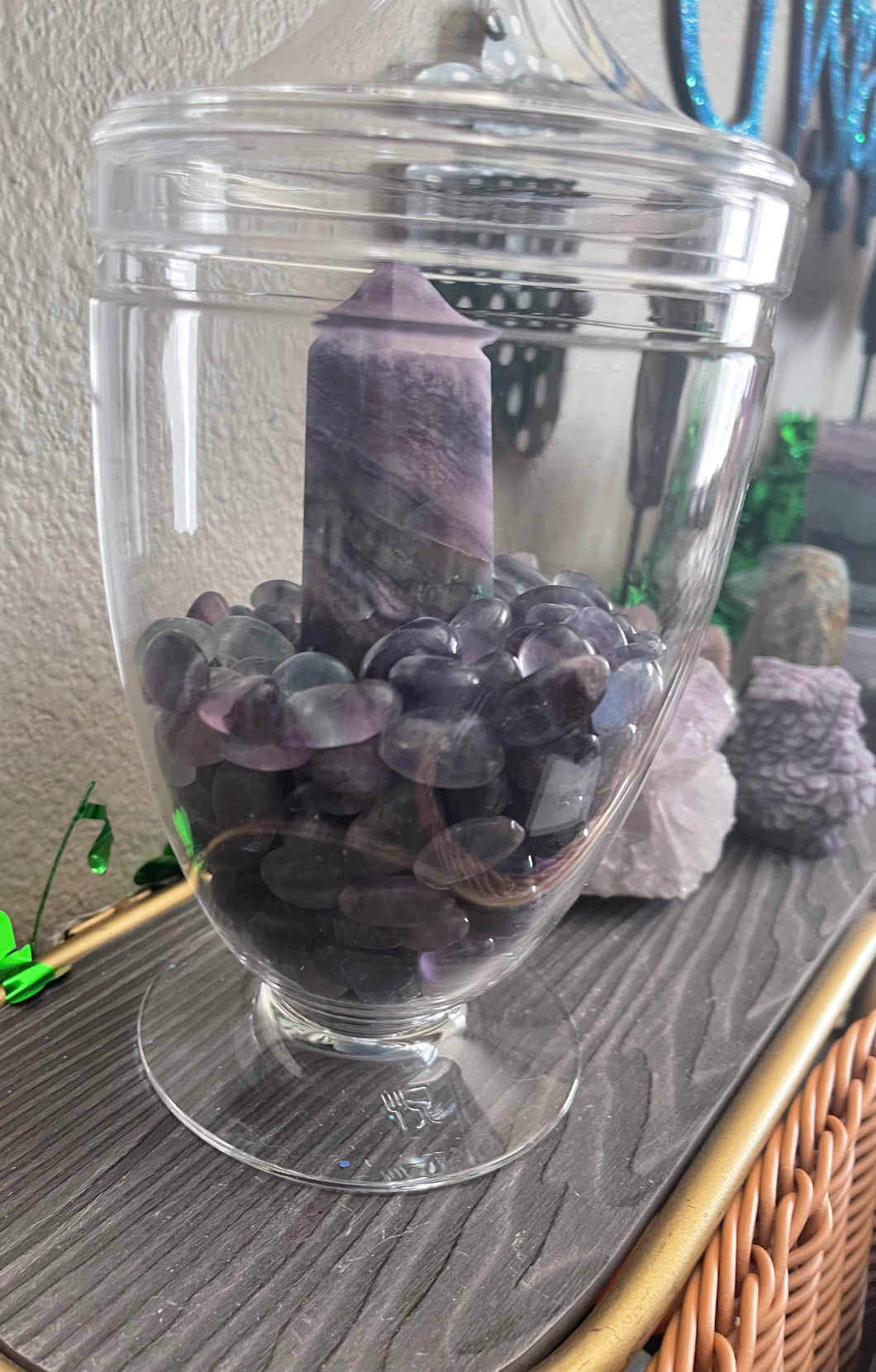 Fluorite tower and 3 lbs of fluorite tumbles in Apothecary Jar