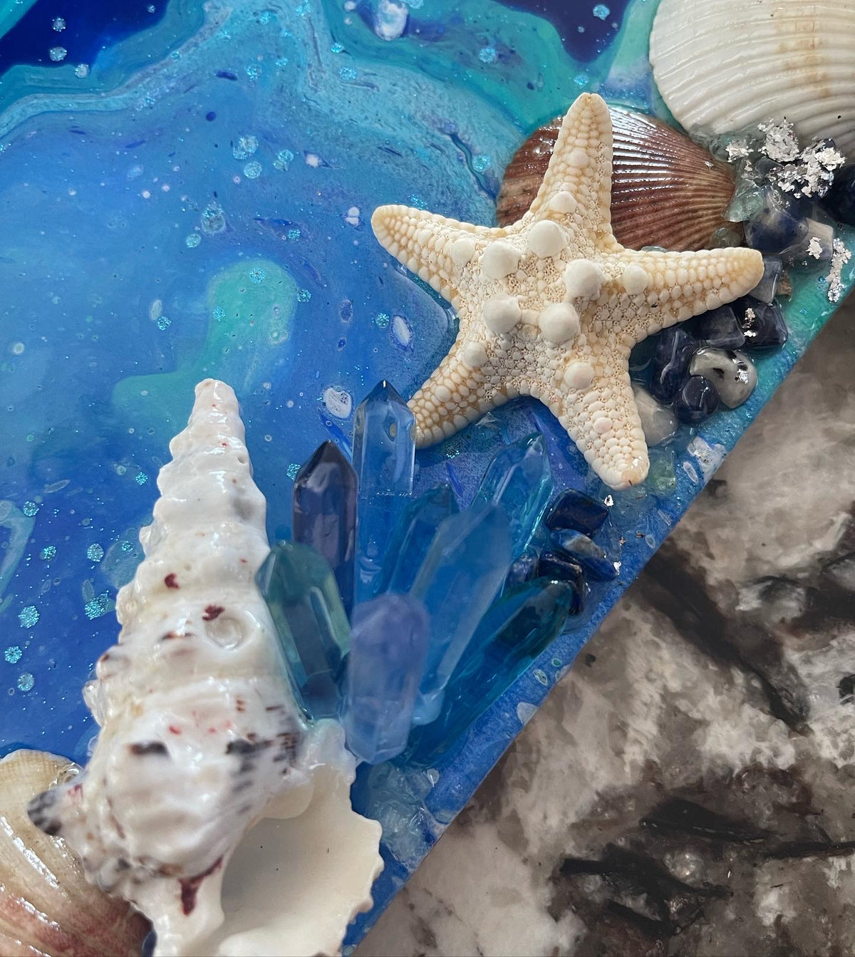 Crystal and shell resin ocean painting